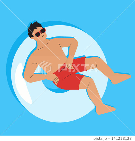 A boy relaxes on a floating ring in a pool. He wears sunglasses and red swim shorts. The sky is bright blue and it is a sunny day. Water ripples around him, showing summer fun. A boy relaxes on a floating ring in a pool. He wears sunglasses and red swim shorts. The sky is bright blue and it is a sunny day. Water ripples around him, showing summer fun. 141238128