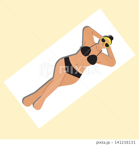 A woman is lying on a towel, enjoying the sun. She is wearing sunglasses and a black swimsuit. The setting is bright and ideal for relaxation. A woman is lying on a towel, enjoying the sun. She is wearing sunglasses and a black swimsuit. The setting is bright and ideal for relaxation. 141238131