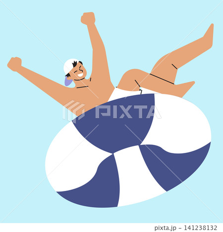 A person with short hair and a cap floats on a large round tube in a pool. They are smiling and have their arms raised in joy. The background is light blue and bright. 141238132