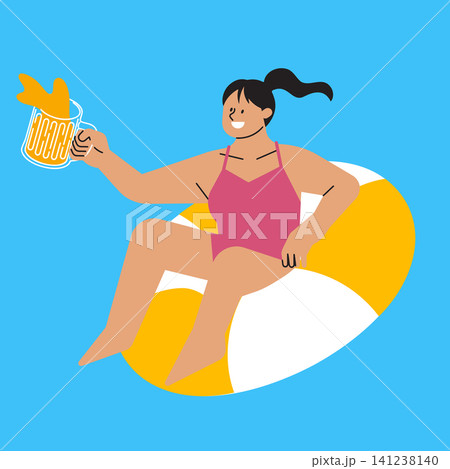 A woman sits on a yellow and white float in a pool. She smiles and holds a glass with a drink in her hand. The sky is clear and blue. A woman sits on a yellow and white float in a pool. She smiles and holds a glass with a drink in her hand. The sky is clear and blue. 141238140