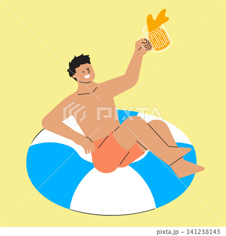 A man sits on a colorful float with a drink in hand. He smiles while enjoying his time in a sunny atmosphere typical of summer. The scene is bright and cheerful. 141238143