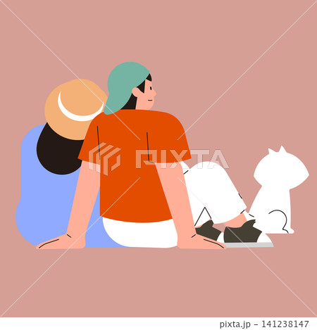 Two people sit next to each other on a soft surface. One person wears a hat while the other has a cap. A dog rests beside them. 141238147