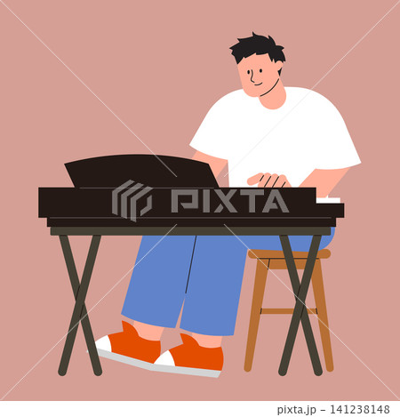 A person sits on a stool and plays a keyboard in a home setting. The background is simple. The person appears focused on the music. 141238148