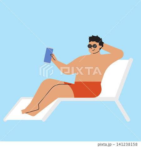 A man sits on a lounge chair near a pool. He is wearing swim shorts and sunglasses. He holds a phone in one hand and leans back comfortably. It is a sunny day. A man sits on a lounge chair near a pool. He is wearing swim shorts and sunglasses. He holds a phone in one hand and leans back comfortably. It is a sunny day. 141238158