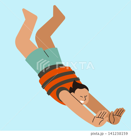 A boy wearing a life vest is diving into a pool. He is in mid-air with arms stretched out. The scene shows bright blue water and a clear sky. It is a fun summer day. A boy wearing a life vest is diving into a pool. He is in mid-air with arms stretched out. The scene shows bright blue water and a clear sky. It is a fun summer day. 141238159