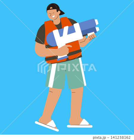 A person stands smiling while holding a large water gun. They wear a life jacket and shorts, ready for fun in the sun. The background is bright blue, creating a lively atmosphere. A person stands smiling while holding a large water gun. They wear a life jacket and shorts, ready for fun in the sun. The background is bright blue, creating a lively atmosphere. 141238162