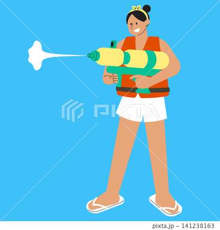 A child stands smiling while holding a water gun ready to spray water. The child wears a life vest and flip flops, enjoying summer activities. 141238163