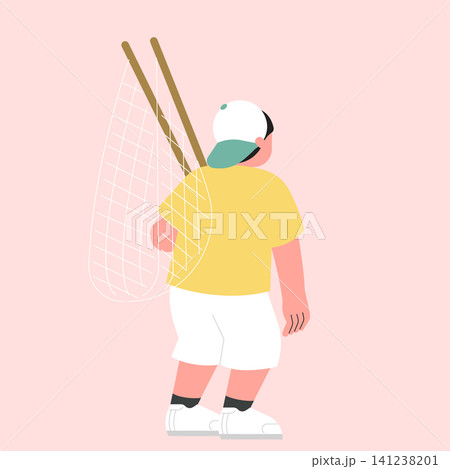 A boy walks with a fishing net slung over his shoulder, preparing for a fishing trip. He wears a cap and casual clothes. The background is simple and colorful. 141238201