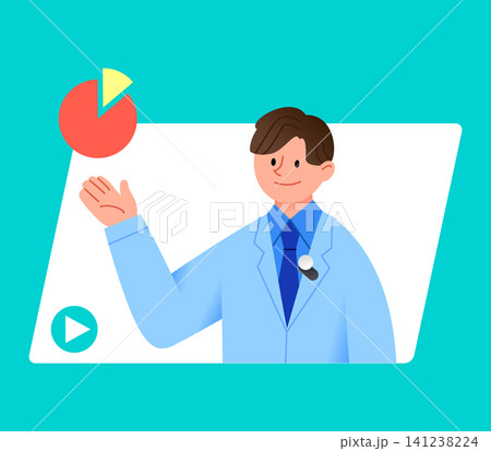 A doctor is presenting health statistics in a video. He uses visuals like pie charts. He gestures with his hand while speaking. A play button shows it is a video. 141238224