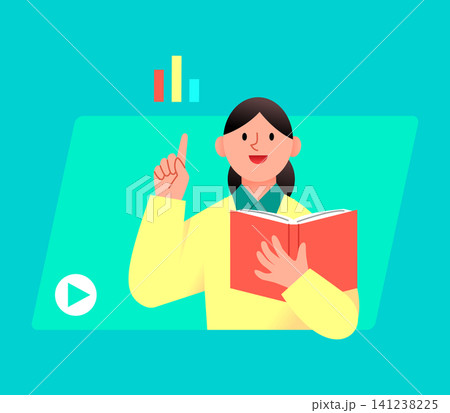 A person stands with a book in one hand and points upward with the other hand. The background is bright and colorful, showing a simple digital design during daytime. 141238225
