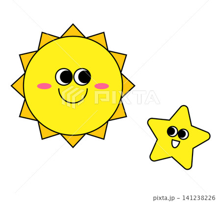 A bright yellow sun and a small yellow star with happy faces are placed together on a plain background. The sun has rays and both characters display simple features. 141238226