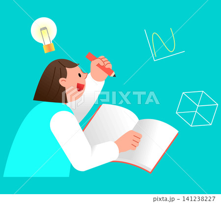 A child sits at a table with a notebook and writes with a pencil. A light bulb is above the head, and shapes float around. The child looks engaged and thoughtful. 141238227