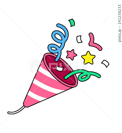 A party horn blows colorful confetti and stars, creating a fun atmosphere. This moment captures the joy of celebrations and festive occasions, bringing excitement to the scene. 141238233