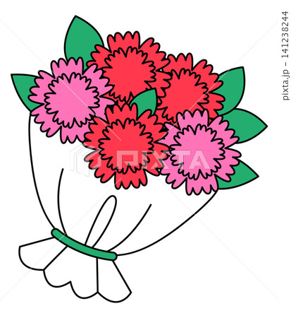 A bouquet is arranged with red and pink flowers along with green leaves. The bouquet is tied with a green ribbon. This flowers arrangement is colorful and cheerful. A bouquet is arranged with red and pink flowers along with green leaves. The bouquet is tied with a green ribbon. This flowers arrangement is colorful and cheerful. 141238244