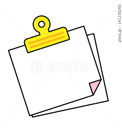 Two blank sheets of paper are held by a yellow clip. The sheets are plain with one corner slightly folded. This design can be used for notes or reminders. Two blank sheets of paper are held by a yellow clip. The sheets are plain with one corner slightly folded. This design can be used for notes or reminders. 141238260