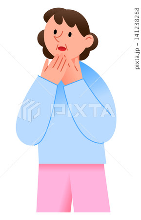 A woman stands with her hands on her face, showing surprise. She is wearing a blue sweater and pink pants. The style is simple and cartoon-like. A woman stands with her hands on her face, showing surprise. She is wearing a blue sweater and pink pants. The style is simple and cartoon-like. 141238288