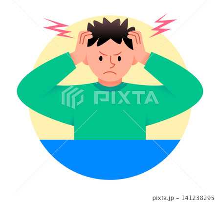 A person is sitting at a table holding their head with both hands. They look frustrated and tense. The background is a plain color, creating a focused scene. A person is sitting at a table holding their head with both hands. They look frustrated and tense. The background is a plain color, creating a focused scene. 141238295