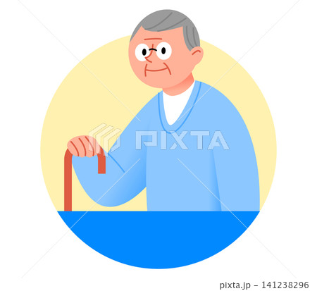 An elderly man stands with a cane. He wears a sweater and has a happy expression. The background is simple and circular. His appearance shows age and experience. An elderly man stands with a cane. He wears a sweater and has a happy expression. The background is simple and circular. His appearance shows age and experience. 141238296