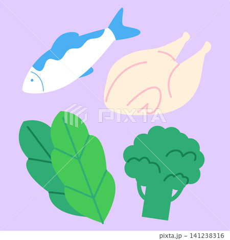 Fish, chicken, leafy greens, and broccoli are shown arranged on a plain background. These food items represent healthy eating and nutrition. Fish, chicken, leafy greens, and broccoli are shown arranged on a plain background. These food items represent healthy eating and nutrition. 141238316