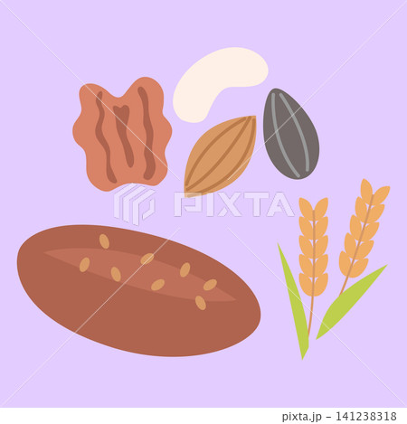 Various nuts and seeds are placed on a light purple surface. There are different shapes and colors of seeds alongside a loaf of bread and some wheat. 141238318