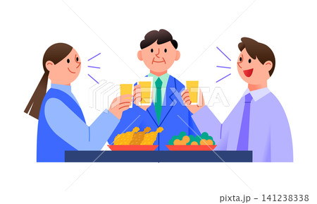 Three people enjoy a gathering together. They hold drinks and toast each other while sitting at a table with food. Laughter fills the scene as they celebrate. Three people enjoy a gathering together. They hold drinks and toast each other while sitting at a table with food. Laughter fills the scene as they celebrate. 141238338