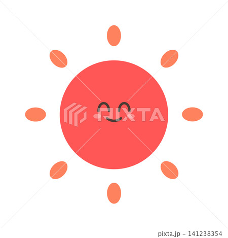 A round sun with a smiling face and facial features sits in the center. The sun has rays surrounding it that are orange. The background is plain and simple. A round sun with a smiling face and facial features sits in the center. The sun has rays surrounding it that are orange. The background is plain and simple. 141238354