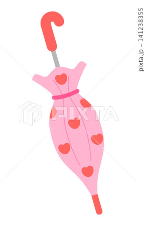 A pink umbrella is open showing a heart pattern. The handle is red and curved. The background is plain white with no other items around it. 141238355