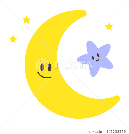 A yellow moon with a smiling face is next to a blue star also with a smiling face. The moon and star are drawn in a cartoon style. They are placed on a plain background. 141238356