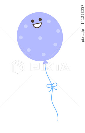 A purple balloon with a smiling face hovers in the air. It has white dots and a blue string tied with a bow. This scene is bright and playful. A purple balloon with a smiling face hovers in the air. It has white dots and a blue string tied with a bow. This scene is bright and playful. 141238357