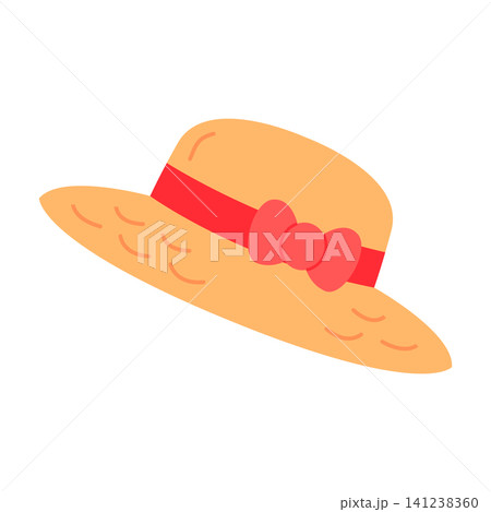 A straw hat with a red ribbon and bow sits on a flat surface. The hat has a wide brim and a light color. The setting shows no other objects or people around. A straw hat with a red ribbon and bow sits on a flat surface. The hat has a wide brim and a light color. The setting shows no other objects or people around. 141238360