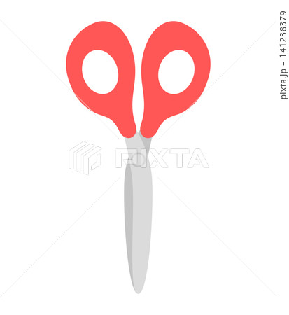 Two scissors are shown with red handles and silver blades. They are positioned upright on a plain background, ready for cutting tasks. 141238379