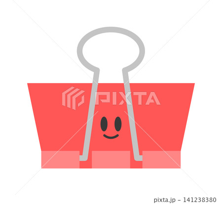 A red binder clip sits in the center. It has a smiling face drawn on the front. The background is plain and white. The clip appears friendly and fun. A red binder clip sits in the center. It has a smiling face drawn on the front. The background is plain and white. The clip appears friendly and fun. 141238380