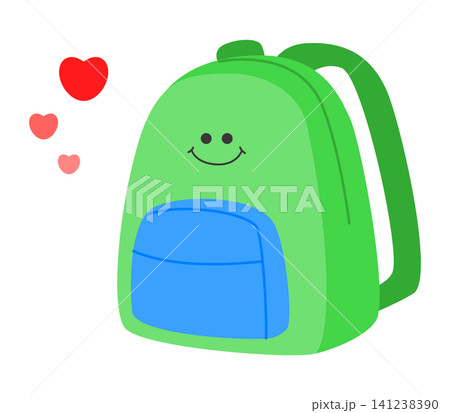 A green backpack stands upright with a blue front pocket. It has a smiling face on it, and small red hearts float around. The scene gives a cheerful vibe. 141238390