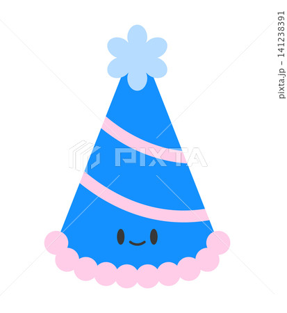 A blue party hat with pink stripes and a smiling face sits on a white background. The hat has a fluffy light blue pompom on top, perfect for celebrations. 141238391