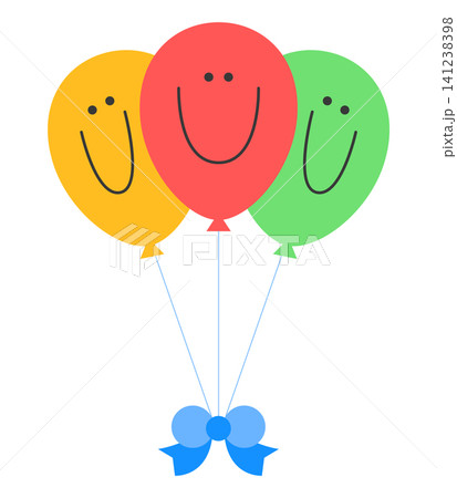 Three colorful balloons with smiling faces are tied together with a blue bow. They are brightening the scene with their cheerful presence. 141238398