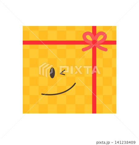 A square gift box with a smiling face and a red ribbon is placed on a white background. The box is yellow with a checkered pattern, showing a playful design. 141238409