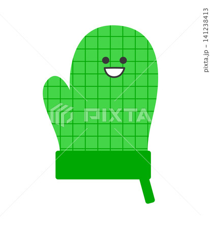 A green oven mitt is shown with a smiling face. It has a grid pattern and a simple design. The mitt is presented on a white background. A green oven mitt is shown with a smiling face. It has a grid pattern and a simple design. The mitt is presented on a white background. 141238413