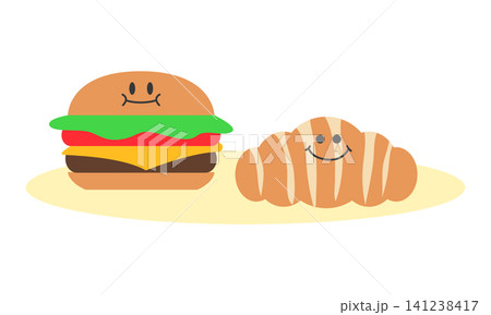 Two cartoon food items are smiling together. A burger with lettuce and cheese is next to a croissant. The background is light and simple, creating a fun atmosphere. 141238417