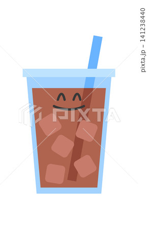 A cup uses a blue straw and contains a brown drink filled with ice cubes. A smiley face is drawn on the cup. The drink looks inviting and fun. 141238440