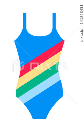 A swimsuit features blue as the main color with stripes in red, yellow, green, and light blue. It is designed for wearing during swimming or beach activities on warm days. A swimsuit features blue as the main color with stripes in red, yellow, green, and light blue. It is designed for wearing during swimming or beach activities on warm days. 141238451
