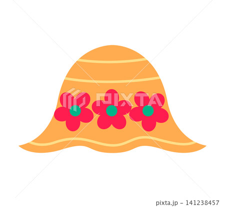 A yellow hat sits on a white background. The hat has three red flowers on the front. It looks suitable for summer use. The design is simple and colorful. A yellow hat sits on a white background. The hat has three red flowers on the front. It looks suitable for summer use. The design is simple and colorful. 141238457