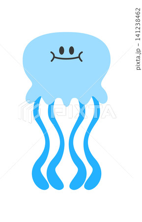 A blue jellyfish with a smile floats in water. The jellyfish has long, wavy tentacles beneath it. The background is plain and light, featuring no other details. A blue jellyfish with a smile floats in water. The jellyfish has long, wavy tentacles beneath it. The background is plain and light, featuring no other details. 141238462