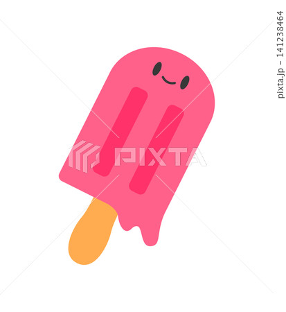 A cartoon popsicle is shown with a happy face and bright pink color. It has two red stripes and a wooden stick. The background is plain white. This design is playful and colorful. 141238464