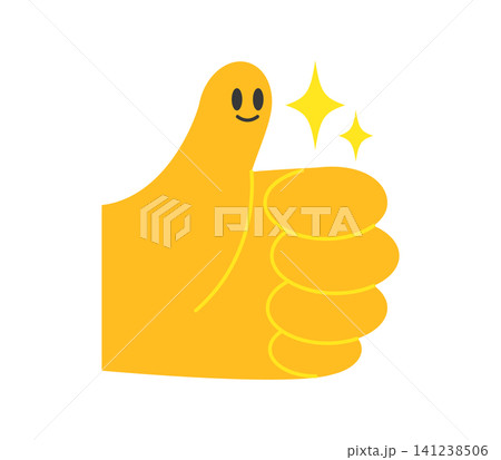 A yellow hand shows a thumbs up gesture. The hand has a smiling face and sparkles around it. This represents approval or positive feedback. A yellow hand shows a thumbs up gesture. The hand has a smiling face and sparkles around it. This represents approval or positive feedback. 141238506