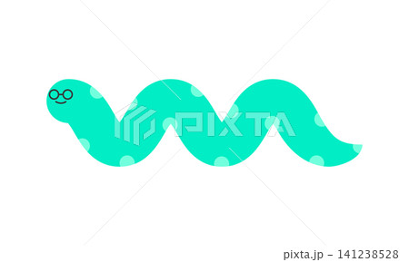 A cartoon worm with a blue-green body and round glasses moves playfully. The setting is simple with no other elements. The worm seems happy and engaging. 141238528