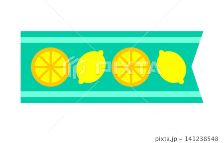 Bright blue banner shows yellow lemons and segments arranged in a row. This decoration is ideal for a summer party or festival. The design brings a fun vibe to the setting. 141238548