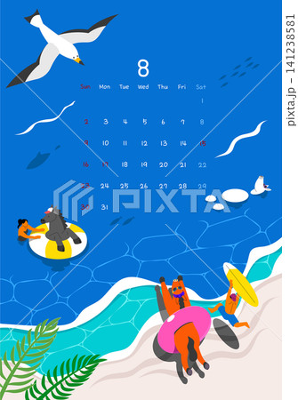 People float on tubes in the sea while a bird flies above. A beach scene shows a mix of humans and animals enjoying the sunny day in August. People float on tubes in the sea while a bird flies above. A beach scene shows a mix of humans and animals enjoying the sunny day in August. 141238581