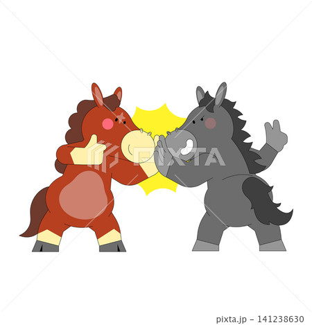 Two cartoon horses engage in a playful fight. The red horse and the gray horse use their hooves and make funny faces. They show their friendly competition in a lighthearted way. Two cartoon horses engage in a playful fight. The red horse and the gray horse use their hooves and make funny faces. They show their friendly competition in a lighthearted way. 141238630