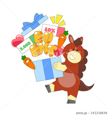 A cartoon horse is holding colorful boxes stacked high. The horse is smiling and there are carrots and playful text around, creating a joyful scene of celebration and fun. A cartoon horse is holding colorful boxes stacked high. The horse is smiling and there are carrots and playful text around, creating a joyful scene of celebration and fun. 141238636