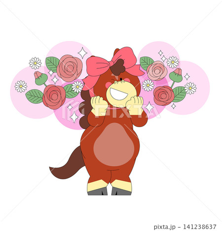 A character with a big smile stands in front of large flowers. The character has a red body and a pink bow. The flowers are pink, white, and red, creating a fun scene. A character with a big smile stands in front of large flowers. The character has a red body and a pink bow. The flowers are pink, white, and red, creating a fun scene. 141238637
